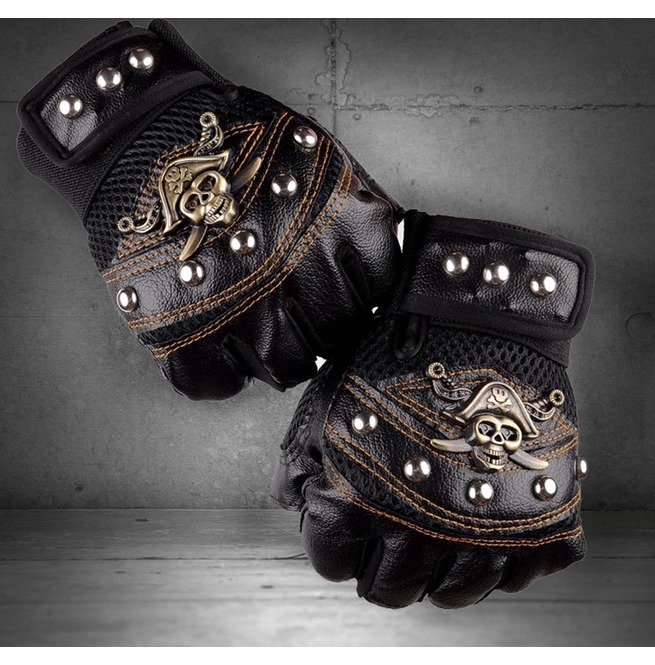 Skull Studded Punk Rock Biker Driving Women/'s Leather Fingerless Gloves