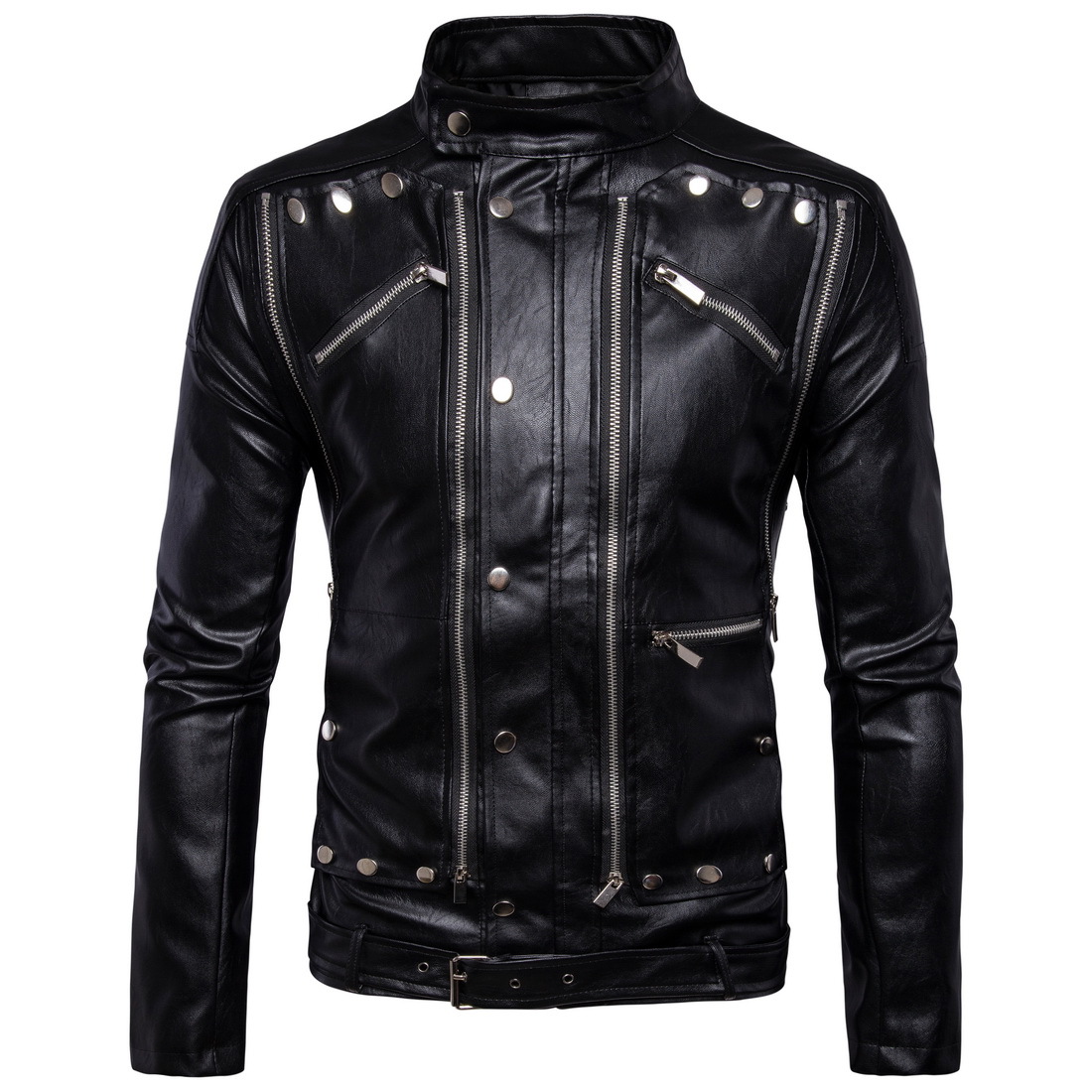 Men's Multi Zipper Slim Fitted Faux Leather Jacket (1100 x 1100 Pixel)
