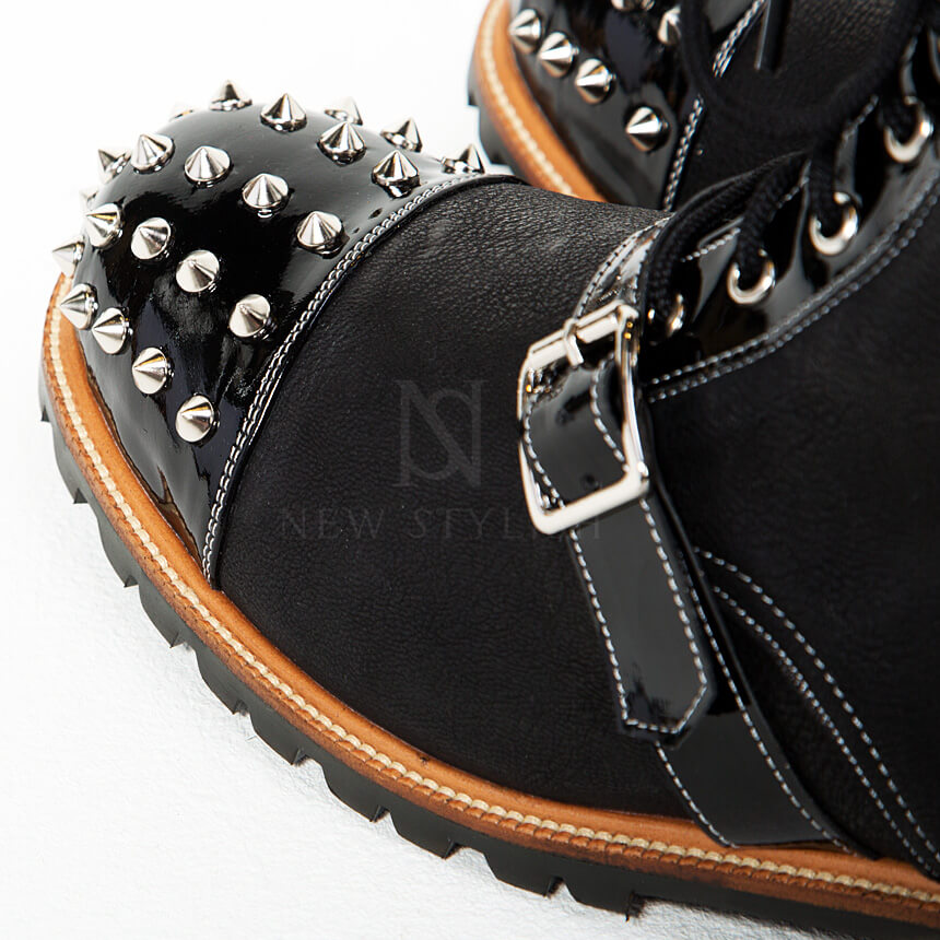 Studded & Belted Contrast Lace Up Zipper Leather Boots RebelsMarket