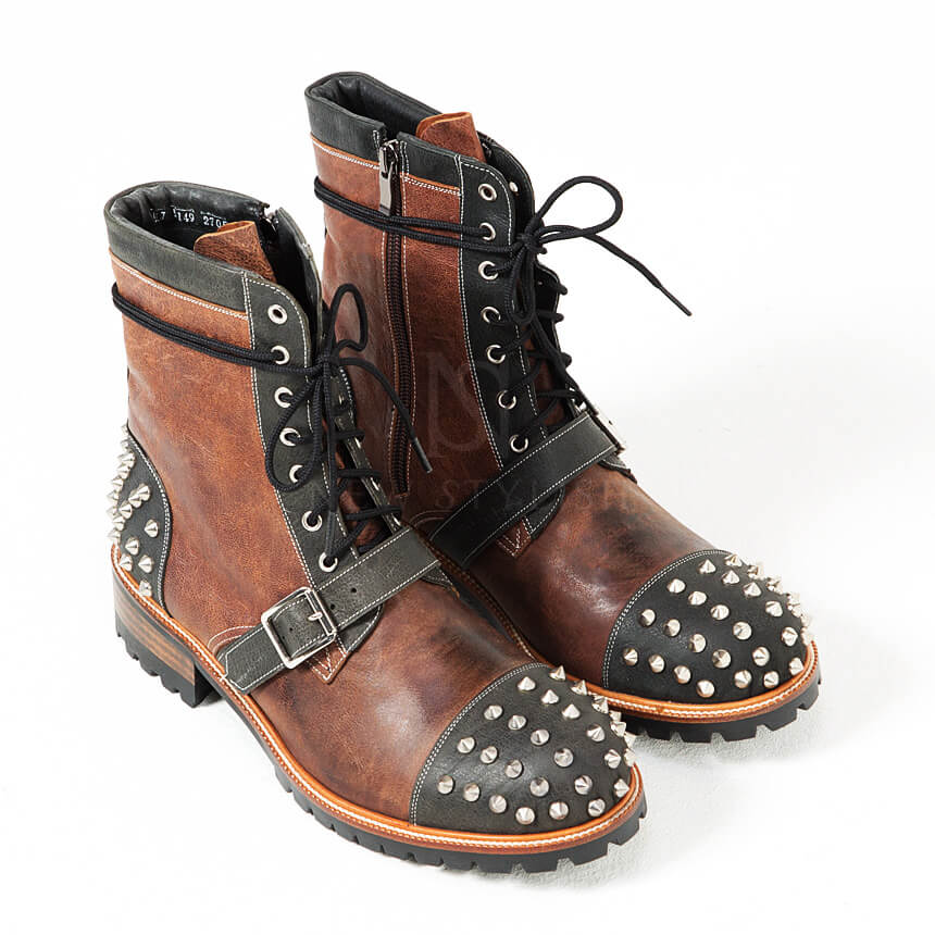 Studded & Belted Contrast Lace Up Zipper Leather Boots RebelsMarket