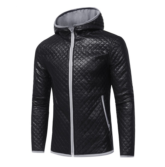 Men's Plaid Contrast Hooded Zipper Faux Leather Jackets ...
