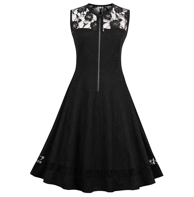 Sleeveless O Neck Lace Black A Line Gothic Dress RebelsMarket