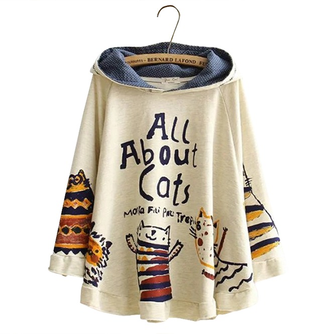 Autumn Winter Kawaii All About Cats Loose Hooded Jacket RebelsMarket