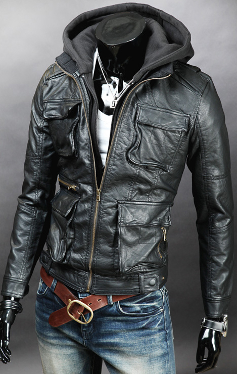 Men Detachable Fabric Hooded Leather Jacket, Biker | RebelsMarket