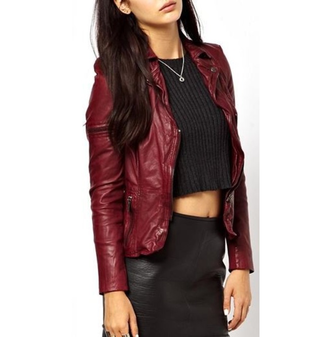 New Lycra Biker Jacket Leather, Women Maroon Color Leather Jacket