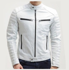 Men White Color Slim Fit Leather Jacket, Mens Fashion