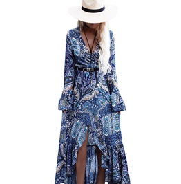 Bohemian Dress Sexy High Slit Floral Print Long Sleeve Maxi Dresses For Women Pink/S Bohemian Dress Sexy High Slit Floral Print Long Sleeve Maxi Dresses For Women Pink/S