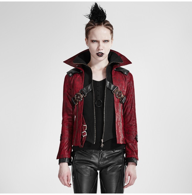 Gothic Red Vampire Collar Leather Jacket For Women RebelsMarket