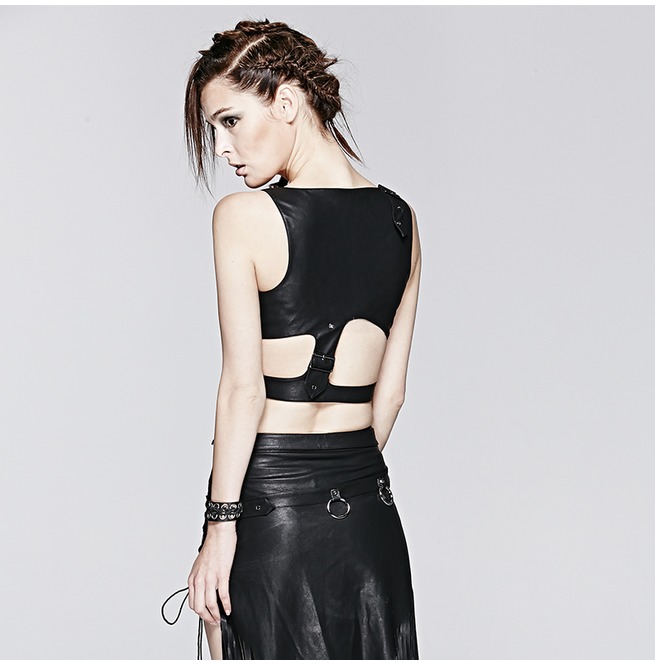 Punk Black Leather Cropped Detachable Loop Vest For RebelsMarket