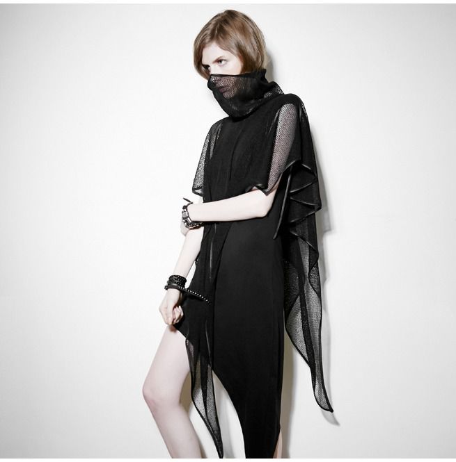 Punk Rock Black Asymmetric Mesh Mid Length Two Way RebelsMarket