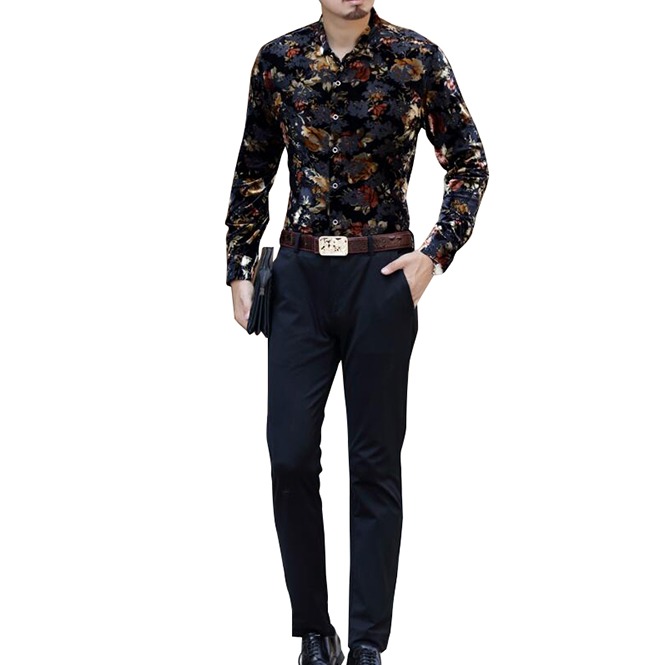 Sexy Floral Long Sleeve Silk Golden 