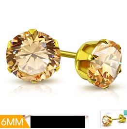 pair Stainless Steel Gold Color Plated Prong-Set Round Circle Stud Earrings with Orange Hyacinth CZ pair Stainless Steel Gold Color Plated Prong-Set Round Circle Stud Earrings with Orange Hyacinth CZ