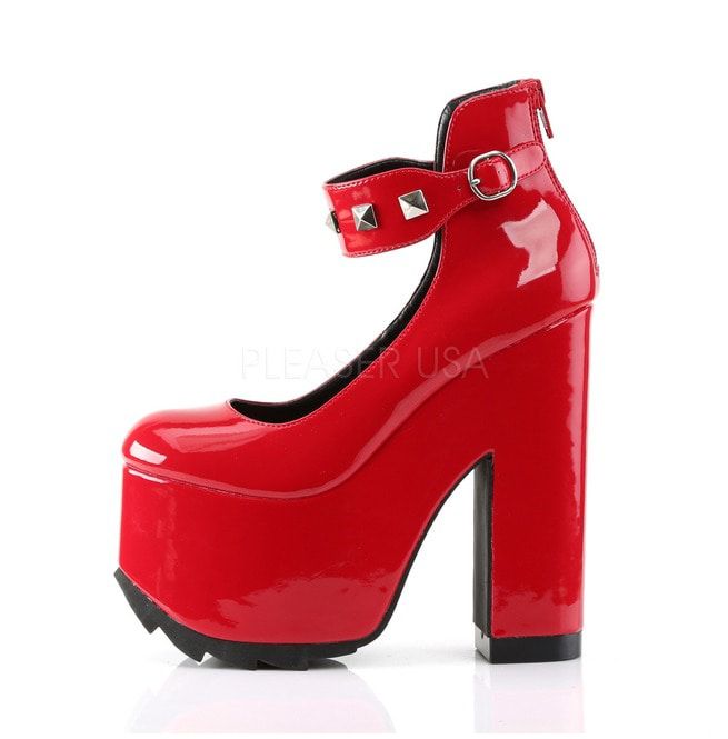 Gothic Punk 6 1//4/" Block Heel Platform Red Shoes w//Pyramid Studs /& Buckle