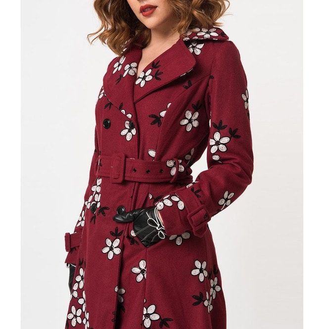 Voodoo Vixen Womens Marjorie Floral Coat Burgundy