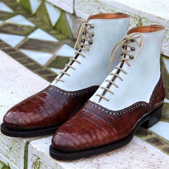 Handmade Men Two Tone High Ankle Boots, Alligator Ankle RebelsMarket