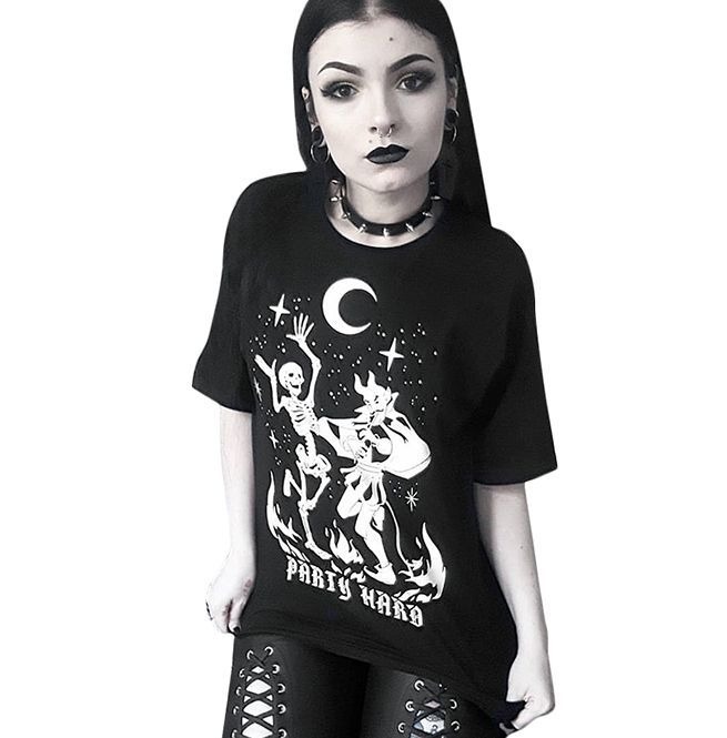 Gothic Black Skeleton Devil Party Print ONeck Women's RebelsMarket
