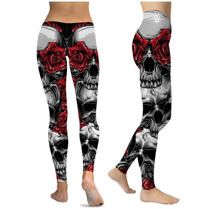 Gothic Red Rose Skull Print Leggings 