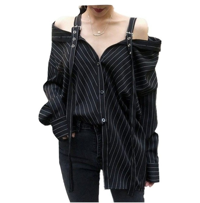 Off Shoulder Straps Black Stripped Shirt RebelsMarket