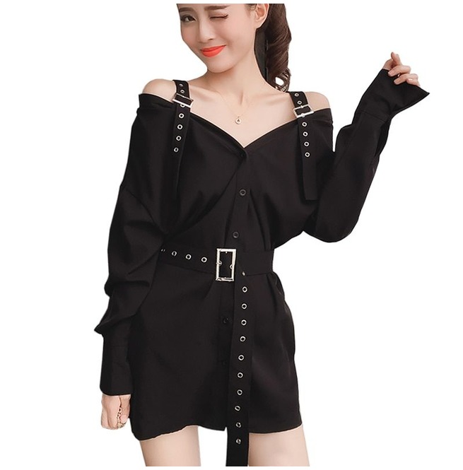 black off the shoulder long sleeve dress