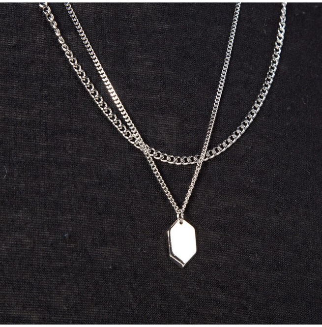 Hexagon Metal Charm Double Chain Necklace 103 RebelsMarket