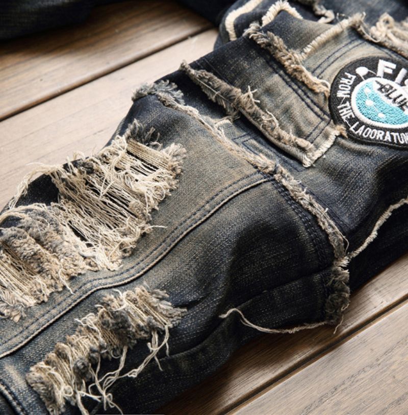 Punk Medium Wash Blue Zipper Patchwork Printed | RebelsMarket