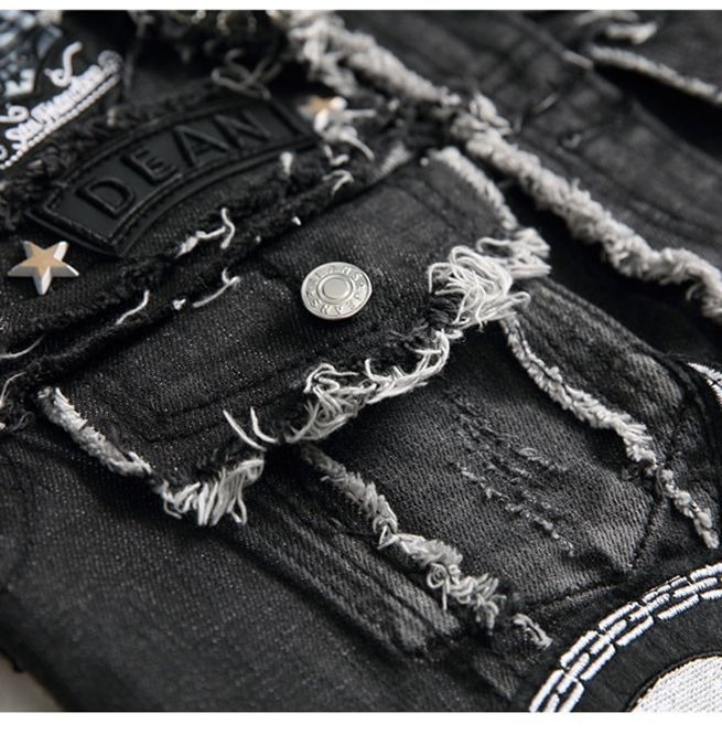 Men's Black Patch Design Stand Collar Fringe Rivets RebelsMarket