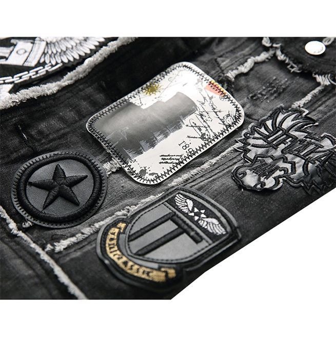 Men's Black Patch Design Stand Collar Fringe Rivets RebelsMarket