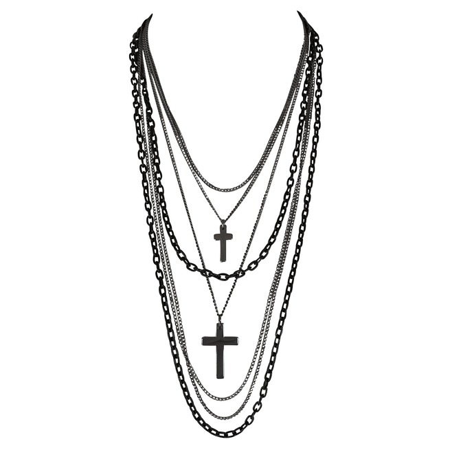 Deluxe Gothic Crosses 80s Madonna Multistrand Black Long Chain Necklace