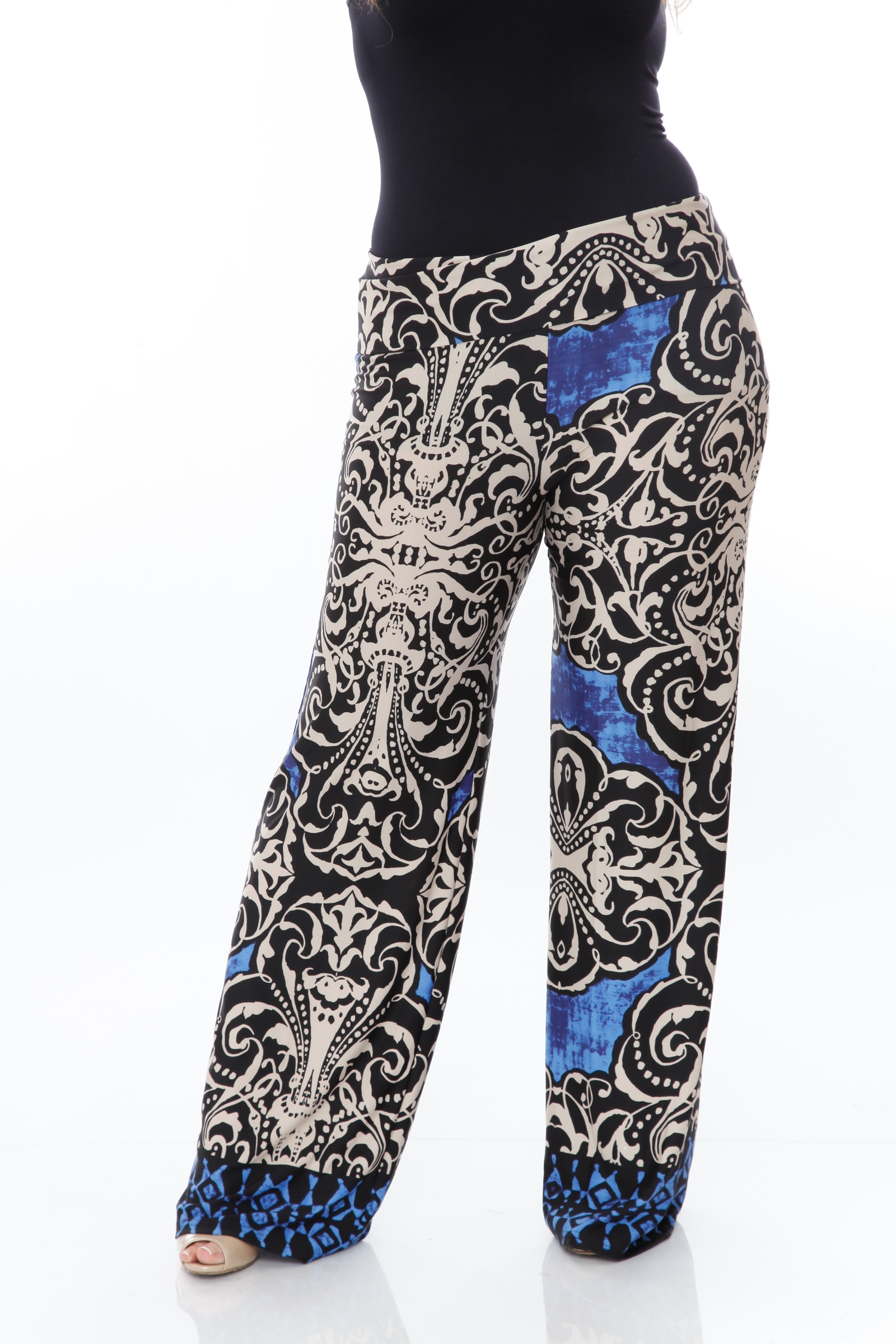 Damask Low Waist Flowy Palazzo Pants White Mark RebelsMarket