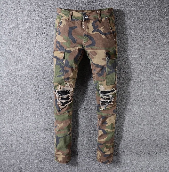 Streetwear Green Camouflage Ripped Slim Fit Cargo Pants RebelsMarket