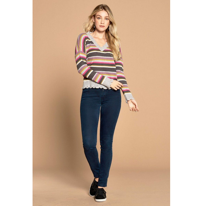 Women's Vneck Striped Sweater With Ruffled Edge RebelsMarket