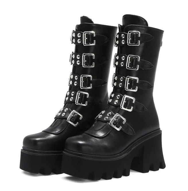 platform black buckle boots