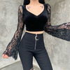 Women's Gothic Lace Flare Sleeved Splicing V-neck Velet Tops Women's Gothic Lace Flare Sleeved Splicing V-neck Velet Tops