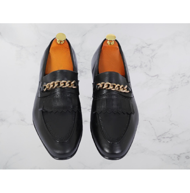 Handmade Men Black Leather Moccasin Shoes With Fringes, RebelsMarket