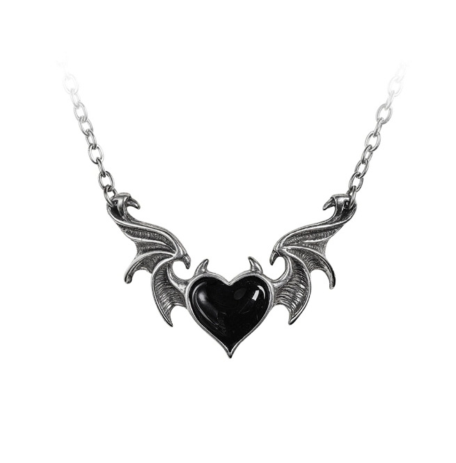 Gothic Horned Black Enamel Heart Winged Necklace RebelsMarket