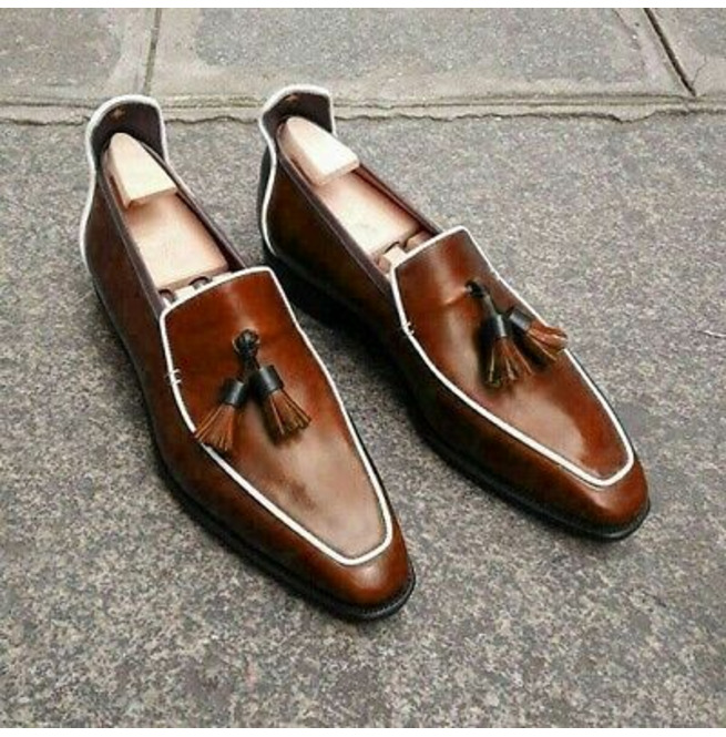 Handmade Men Brown Leather Loafer Shoes With Tassels, RebelsMarket