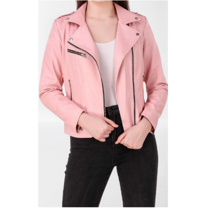 peach colour leather jacket