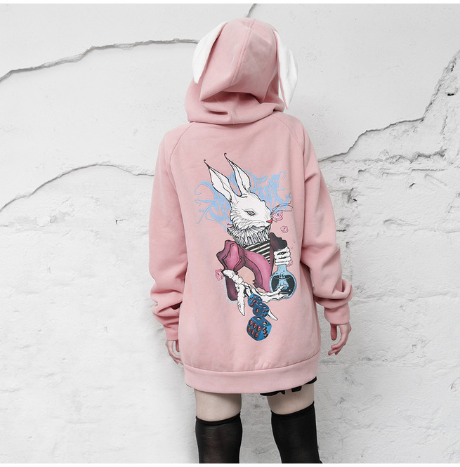 Rabbit Ears Zipper Pink Hoodie | Punk Rave | RebelsMarket