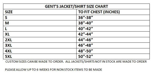 Gents jacket size chart