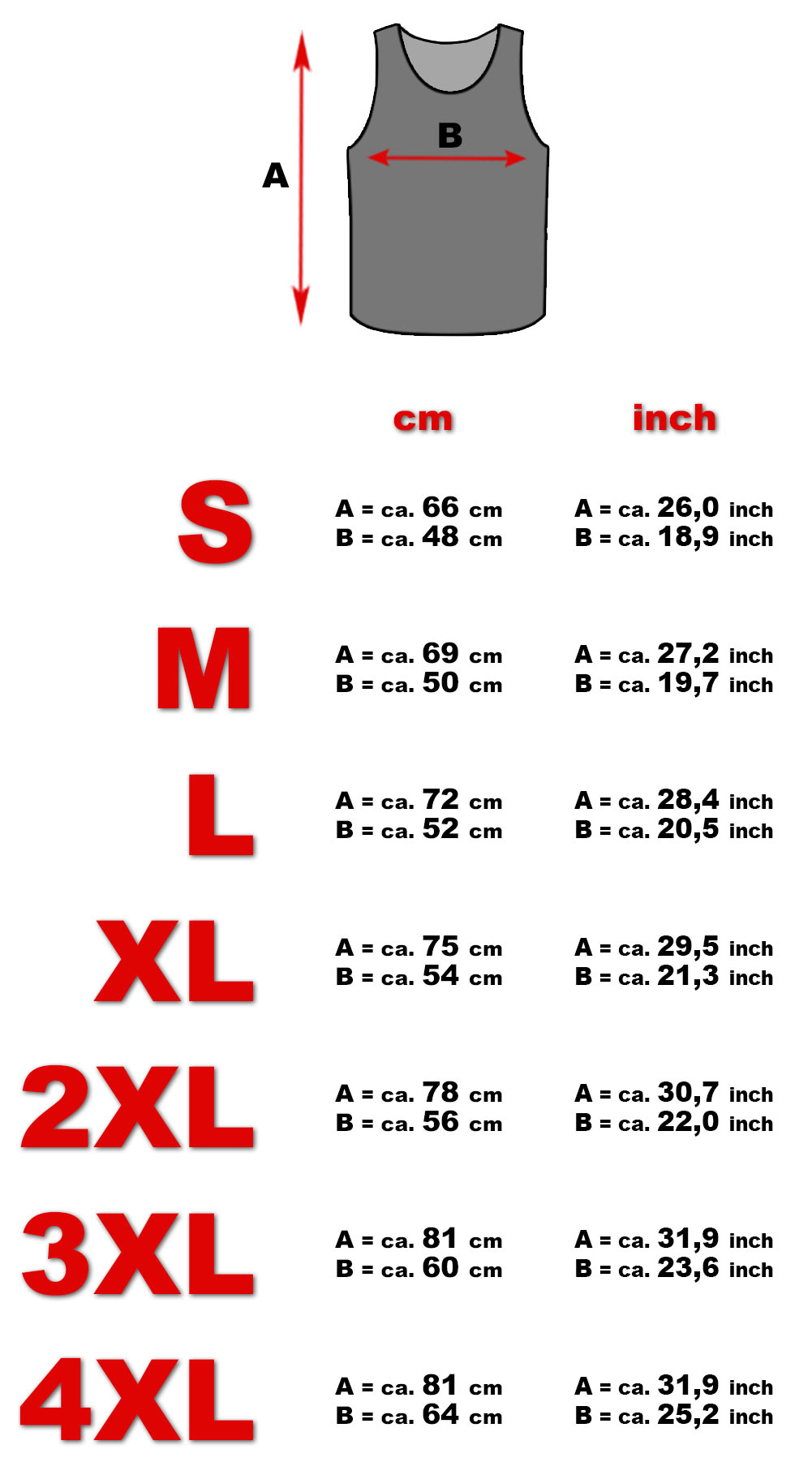 Tank top model a sizes