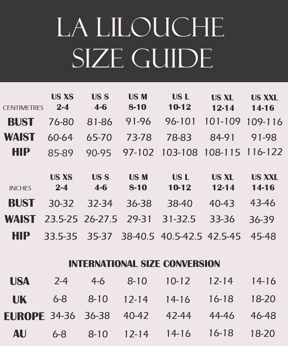 Size chart panties and sleepwear