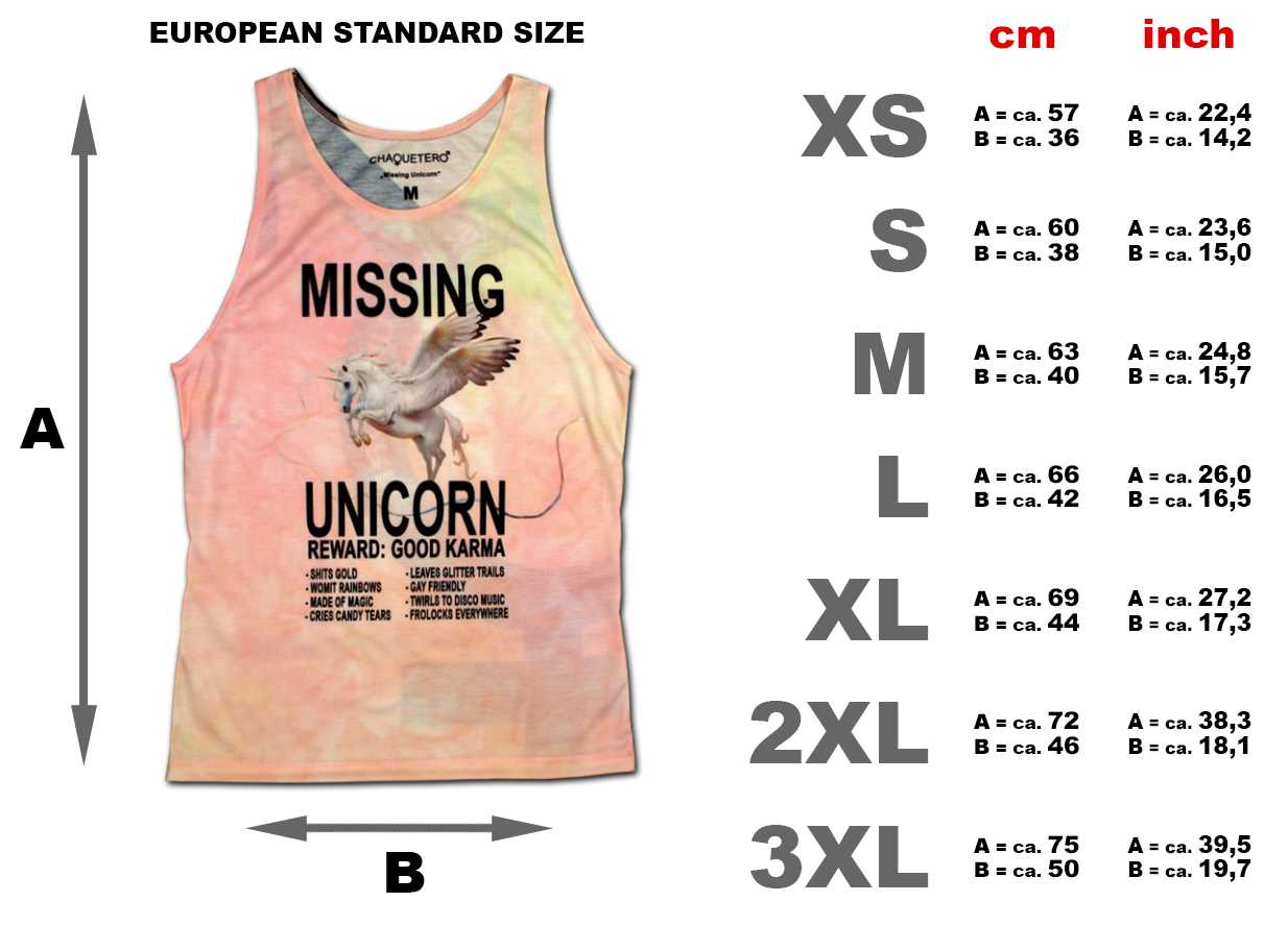 Unicorn tank top women size chart