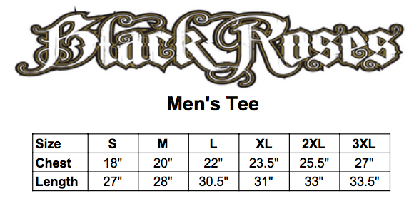 Black roses mens tee size chart