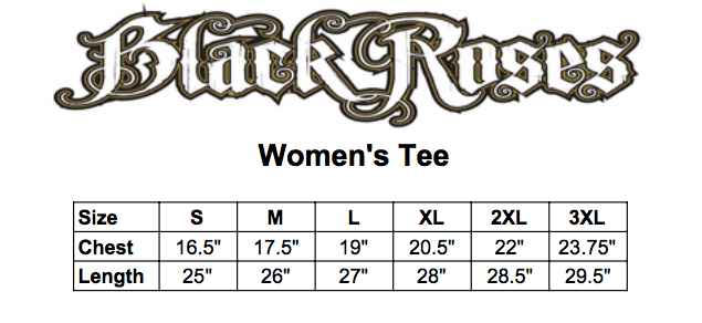 Black roses womens tee size chart