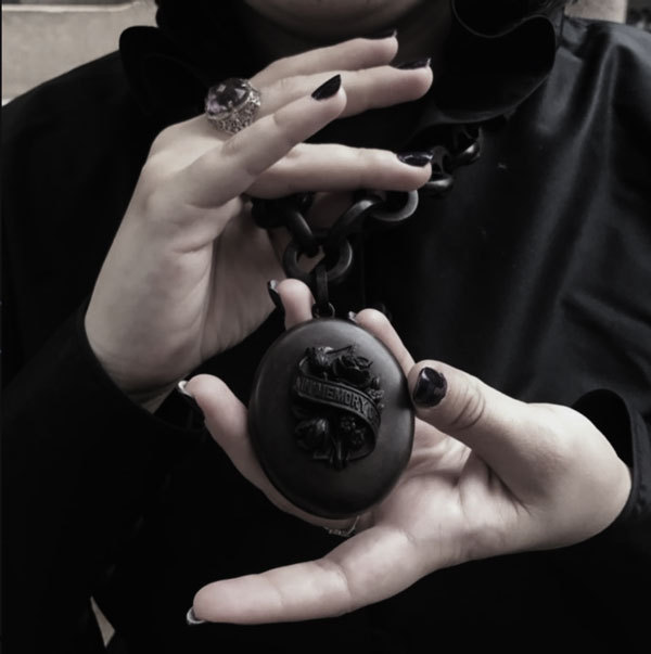 1880s vulcanite locket necklace with "In Memory Of"