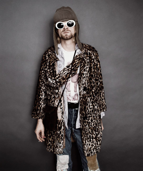Kurt Cobain sporting stereotypical eclectic grunge fashion