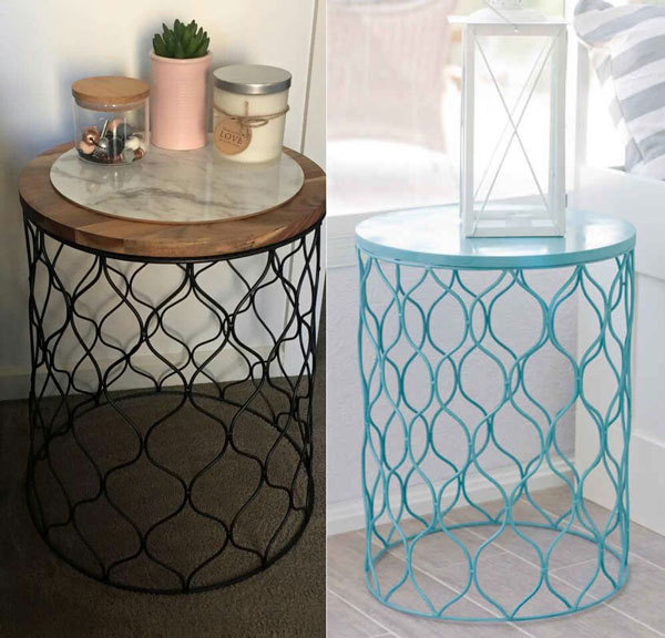 inexpensive wastebasket in the color of your choice, flip it upside down, and use as a bedside table.