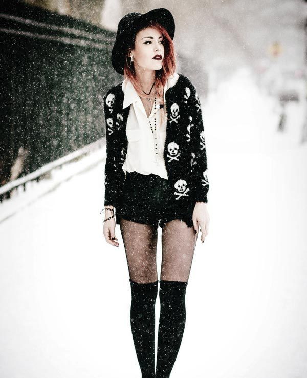 Gothic grunge winter outfit with a skull cardigan