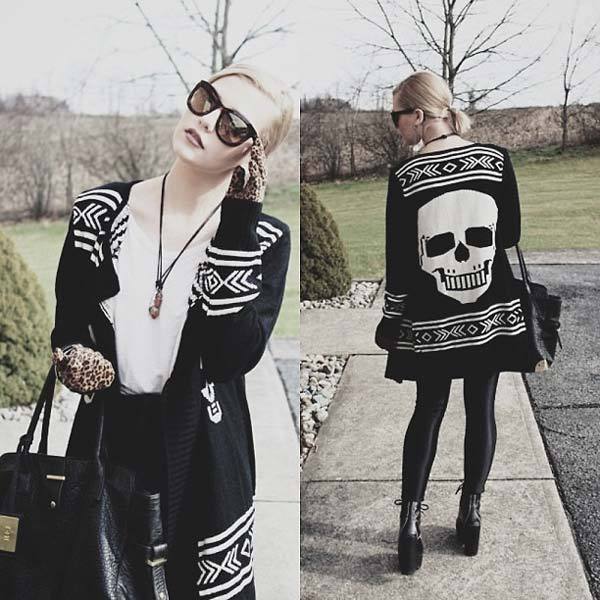 Classic goth look with a cardigan for winter weather